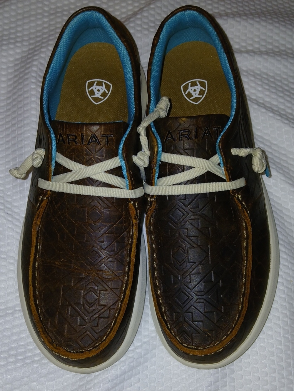 Ariat Brown Leather Moc-Toe Boat Shoes with Teal Lining Size 6